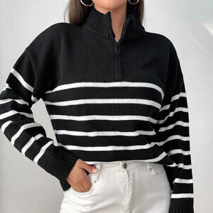 Black And White Preppy Womens Stripe Pattern Half Zipper Drop Shoulder Sweater